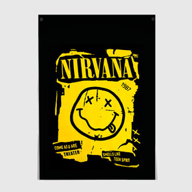 Постер с принтом Nirvana 1987 в Тюмени, 100% бумага
 | бумага, плотность 150 мг. Матовая, но за счет высокого коэффициента гладкости имеет небольшой блеск и дает на свету блики, но в отличии от глянцевой бумаги не покрыта лаком | Тематика изображения на принте: album | curt | kobain | logo | music | nevermind | nirvana | rock | smells like | smile | teen spirit | альбом | гитара | курт кобейн | логотип | музыка | невермайнд | нирвана | рок | смайл | стикер