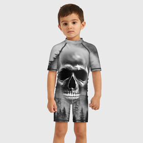 Детский купальный костюм 3D с принтом Лесной Дух в Тюмени, Полиэстер 85%, Спандекс 15% | застежка на молнии на спине | forest | skelet | skeleton | дух леса | душа | лес | лесной гость | мрачная | охранник леса | скелет | череп