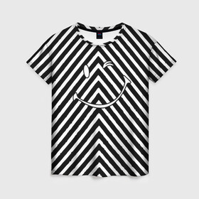 Женская футболка 3D с принтом Ulybaka BlackWhite в Тюмени, 100% полиэфир ( синтетическое хлопкоподобное полотно) | прямой крой, круглый вырез горловины, длина до линии бедер | emoji | диагональ | мем | мемный | полосатый | полосы | смайл | смайлик | улыбака | чб | черно белая | эмоджи
