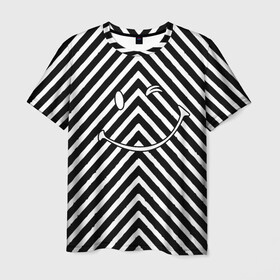 Мужская футболка 3D с принтом Ulybaka BlackWhite в Тюмени, 100% полиэфир | прямой крой, круглый вырез горловины, длина до линии бедер | emoji | диагональ | мем | мемный | полосатый | полосы | смайл | смайлик | улыбака | чб | черно белая | эмоджи