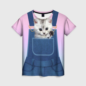Женская футболка 3D с принтом Котенок в кармане в Тюмени, 100% полиэфир ( синтетическое хлопкоподобное полотно) | прямой крой, круглый вырез горловины, длина до линии бедер | в кармане | в кармашке | животные | комбинезон | кот | котенок | котик | кошка