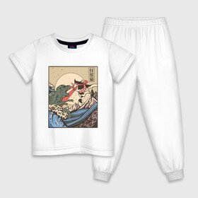 Детская пижама хлопок с принтом Cat Kong versus Godzilla Kaiju в Тюмени, 100% хлопок |  брюки и футболка прямого кроя, без карманов, на брюках мягкая резинка на поясе и по низу штанин
 | Тематика изображения на принте: catzilla | japan | kitty | poster parody | samurai | ukiyo e | wave | арт | большая волна | гигантский котёнок | гигантский монстр | годзилла против кинг конга | кайдзю | кот | котзилла | котик | котята | пародия на постер