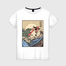 Женская футболка хлопок с принтом Cat Kong versus Godzilla Kaiju в Тюмени, 100% хлопок | прямой крой, круглый вырез горловины, длина до линии бедер, слегка спущенное плечо | Тематика изображения на принте: catzilla | japan | kitty | poster parody | samurai | ukiyo e | wave | арт | большая волна | гигантский котёнок | гигантский монстр | годзилла против кинг конга | кайдзю | кот | котзилла | котик | котята | пародия на постер