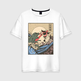 Женская футболка хлопок Oversize с принтом Cat Kong versus Godzilla Kaiju в Тюмени, 100% хлопок | свободный крой, круглый ворот, спущенный рукав, длина до линии бедер
 | catzilla | japan | kitty | poster parody | samurai | ukiyo e | wave | арт | большая волна | гигантский котёнок | гигантский монстр | годзилла против кинг конга | кайдзю | кот | котзилла | котик | котята | пародия на постер