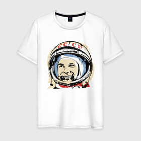 Мужская футболка хлопок с принтом Быть первым как Юрий Гагарин в Тюмени, 100% хлопок | прямой крой, круглый вырез горловины, длина до линии бедер, слегка спущенное плечо. | Тематика изображения на принте: астронавт | восток1 | гагарин | земля | космонавт | космос | планеты | юрий