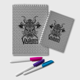 Блокнот с принтом Valheim Viking dark в Тюмени, 100% бумага | 48 листов, плотность листов — 60 г/м2, плотность картонной обложки — 250 г/м2. Листы скреплены удобной пружинной спиралью. Цвет линий — светло-серый
 | Тематика изображения на принте: fantasy | mmo | valheim | valve | валхейм | вальхейм | викинги | выживалка | игра | королевская битва | ммо | ролевая игра | фэнтази