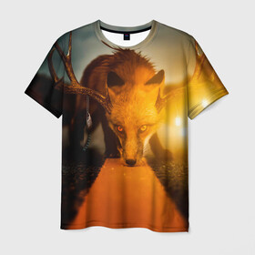 Мужская футболка 3D с принтом Лиса с рогами оленя в Тюмени, 100% полиэфир | прямой крой, круглый вырез горловины, длина до линии бедер | fox | foxy | животное | звери | лиса | лисенок | лисичка | милая | рыжая | фокс