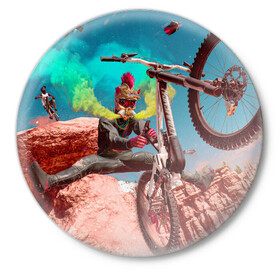 Значок с принтом Riders Republic в Тюмени,  металл | круглая форма, металлическая застежка в виде булавки | riders republic | велосипед | гонки | игра | человек | экстрим