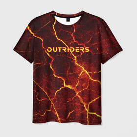 Мужская футболка 3D с принтом OUTRIDERS в Тюмени, 100% полиэфир | прямой крой, круглый вырез горловины, длина до линии бедер | outriders | земля | игра | лава | пиромант | текстура | трещины