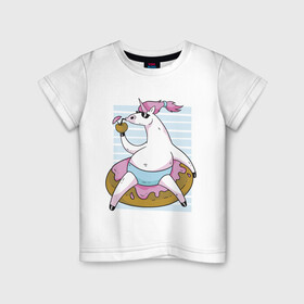 Детская футболка хлопок с принтом Chilling Unicorn в Тюмени, 100% хлопок | круглый вырез горловины, полуприлегающий силуэт, длина до линии бедер | art | cocktail | donut | drawing | unicorn | арт | единорог | коктейль | пончик | рисунок