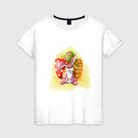Женская футболка хлопок с принтом Пасхальный кролик в Тюмени, 100% хлопок | прямой крой, круглый вырез горловины, длина до линии бедер, слегка спущенное плечо | арт | заяц | звери | кролик | пасха | принт