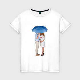 Женская футболка хлопок с принтом Любовь в Тюмени, 100% хлопок | прямой крой, круглый вырез горловины, длина до линии бедер, слегка спущенное плечо | женщина | зонтик | любовь | мужчина | пара