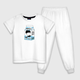 Детская пижама хлопок с принтом MOB LOVES MILK | МОБ ПСИХО 100 в Тюмени, 100% хлопок |  брюки и футболка прямого кроя, без карманов, на брюках мягкая резинка на поясе и по низу штанин
 | Тематика изображения на принте: 100 | anime | milk | milk package | mob | mob loves milk | mob psycho 100 | psycho | аниме | аниме герои | герои | еспер | кагеяма | кежуал | корова | коровка | манга | моб | моб психо 100 | молоко | пакет молока | психо | сигео | шигео | шигео