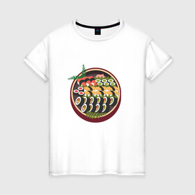 Женская футболка хлопок с принтом Сет суши в Тюмени, 100% хлопок | прямой крой, круглый вырез горловины, длина до линии бедер, слегка спущенное плечо | гунканы | здоровая пища | роллы | японская еда