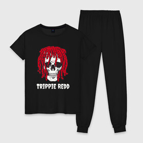 Женская пижама хлопок с принтом TRIPPIE REDD в Тюмени, 100% хлопок | брюки и футболка прямого кроя, без карманов, на брюках мягкая резинка на поясе и по низу штанин | 1400 | big | rap | red | redd | trippie | ред | редд | рэд | рэдд | триппи