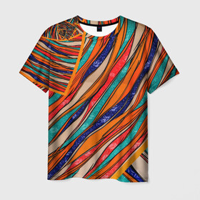 Мужская футболка 3D с принтом Абстрактное течение в Тюмени, 100% полиэфир | прямой крой, круглый вырез горловины, длина до линии бедер | абстрактное течение | абстракция | витраж | колейдоскоп | линии | мозаика | палитра | полосы | радуга | текстуры | узор | цвета