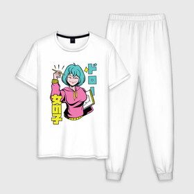 Мужская пижама хлопок с принтом Аниме девочка художник в Тюмени, 100% хлопок | брюки и футболка прямого кроя, без карманов, на брюках мягкая резинка на поясе и по низу штанин
 | Тематика изображения на принте: anime | anime merch | artist | artistic | chilled cow | girl | japan | kanji | kawaii | lo fi hip hop | lofi girl | manga | painter | woman | women | автор | аниме мерч | девочка | дизайнер | женщина | кавайи | кандзи | манга | рисунок | япония