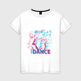 Женская футболка хлопок с принтом Anime Neon Dance в Тюмени, 100% хлопок | прямой крой, круглый вырез горловины, длина до линии бедер, слегка спущенное плечо | 3d | 3д | anaglyph | anime | cyan | girl | girls | japan | japanese | lets dance | manga | анаглиф | давайте танцевать | девочки | девушки | кандзи | манга | неоновая графика | неоновые огни | неоновый принт | символы | танец | танцы