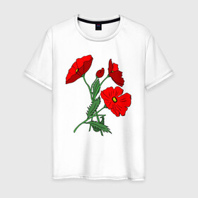 Мужская футболка хлопок с принтом Букет маковых цветов в Тюмени, 100% хлопок | прямой крой, круглый вырез горловины, длина до линии бедер, слегка спущенное плечо. | Тематика изображения на принте: flowers | nature | poppies | алые | арт | букет | бутоны | весна | ветки | зелень | красные маки | красные цветы | лепестки | лето | листья | любовь | маки | подарок | полевые цветы | природа | растения | рисунок | сад