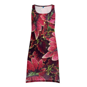Платье-майка 3D с принтом Красные листья в Тюмени, 100% полиэстер | полуприлегающий силуэт, широкие бретели, круглый вырез горловины, удлиненный подол сзади. | алый | красные листья | листопад | листья | осень | пурпурный | растение | текстуры | узор | экзотически растения