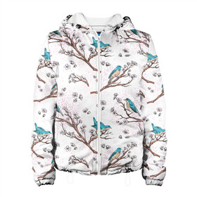 Женская куртка 3D с принтом Птички весной на ветках Сакуры в Тюмени, ткань верха — 100% полиэстер, подклад — флис | прямой крой, подол и капюшон оформлены резинкой с фиксаторами, два кармана без застежек по бокам, один большой потайной карман на груди. Карман на груди застегивается на липучку | bird | birds | branch | cherry blossom | japan | japanese | pattern | plum | sakura | spring | tree | весна | ветки | вишня | дерево | дрозды | на ветках | паттерн | птица | синий дрозд | слива | узор | ханами | цветение сакуры | япония