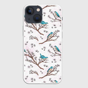 Чехол для iPhone 13 mini с принтом Птички весной на ветках Сакуры в Тюмени,  |  | bird | birds | branch | cherry blossom | japan | japanese | pattern | plum | sakura | spring | tree | весна | ветки | вишня | дерево | дрозды | на ветках | паттерн | птица | синий дрозд | слива | узор | ханами | цветение сакуры | япония