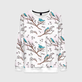 Женский свитшот 3D с принтом Птички весной на ветках Сакуры в Тюмени, 100% полиэстер с мягким внутренним слоем | круглый вырез горловины, мягкая резинка на манжетах и поясе, свободная посадка по фигуре | Тематика изображения на принте: bird | birds | branch | cherry blossom | japan | japanese | pattern | plum | sakura | spring | tree | весна | ветки | вишня | дерево | дрозды | на ветках | паттерн | птица | синий дрозд | слива | узор | ханами | цветение сакуры | япония
