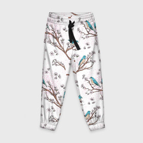 Детские брюки 3D с принтом Птички весной на ветках Сакуры в Тюмени, 100% полиэстер | манжеты по низу, эластичный пояс регулируется шнурком, по бокам два кармана без застежек, внутренняя часть кармана из мелкой сетки | Тематика изображения на принте: bird | birds | branch | cherry blossom | japan | japanese | pattern | plum | sakura | spring | tree | весна | ветки | вишня | дерево | дрозды | на ветках | паттерн | птица | синий дрозд | слива | узор | ханами | цветение сакуры | япония