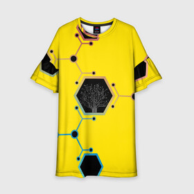 Детское платье 3D с принтом Cyborg Q в Тюмени, 100% полиэстер | прямой силуэт, чуть расширенный к низу. Круглая горловина, на рукавах — воланы | chip | geometry | дерево | киборг | нейросеть | схема