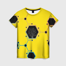 Женская футболка 3D с принтом Cyborg Q в Тюмени, 100% полиэфир ( синтетическое хлопкоподобное полотно) | прямой крой, круглый вырез горловины, длина до линии бедер | chip | geometry | дерево | киборг | нейросеть | схема