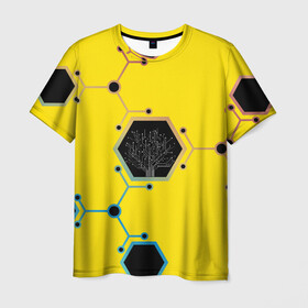 Мужская футболка 3D с принтом Cyborg Q в Тюмени, 100% полиэфир | прямой крой, круглый вырез горловины, длина до линии бедер | chip | geometry | дерево | киборг | нейросеть | схема