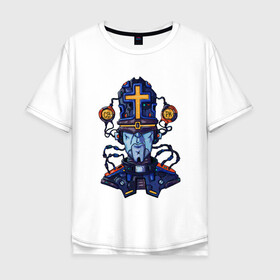 Мужская футболка хлопок Oversize с принтом Пастыри андроид в Тюмени, 100% хлопок | свободный крой, круглый ворот, “спинка” длиннее передней части | андроид | крест | меха | пастырь | робо | священник | стимпанк
