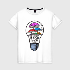 Женская футболка хлопок с принтом Грибы в лампочке в Тюмени, 100% хлопок | прямой крой, круглый вырез горловины, длина до линии бедер, слегка спущенное плечо | грибы | лампочка | мухоморы | патрон | поганки
