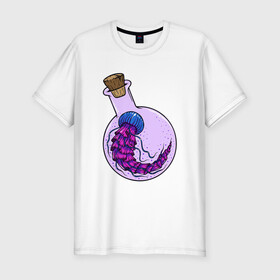 Мужская футболка хлопок Slim с принтом Лабораторная медуза в Тюмени, 92% хлопок, 8% лайкра | приталенный силуэт, круглый вырез ворота, длина до линии бедра, короткий рукав | колба | лабораторная | медуза | пробирка | тропическая | щупальце