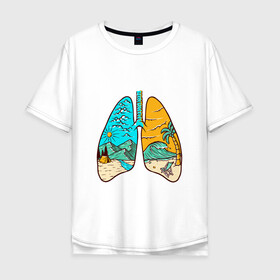 Мужская футболка хлопок Oversize с принтом Дыхание свободы в Тюмени, 100% хлопок | свободный крой, круглый ворот, “спинка” длиннее передней части | горы | дыхание | легкие | море | небо | облака | палатка | пальма | туризм