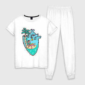 Женская пижама хлопок с принтом Лето в сердце в Тюмени, 100% хлопок | брюки и футболка прямого кроя, без карманов, на брюках мягкая резинка на поясе и по низу штанин | лето | отдых | пальма | пляж | сердце | серфинг | солнце