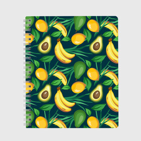 Тетрадь с принтом Фрукты в Тюмени, 100% бумага | 48 листов, плотность листов — 60 г/м2, плотность картонной обложки — 250 г/м2. Листы скреплены сбоку удобной пружинной спиралью. Уголки страниц и обложки скругленные. Цвет линий — светло-серый
 | avokado | авокадо | бананы | лимоны | фрукты