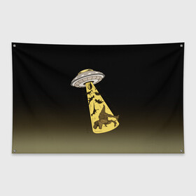Флаг-баннер с принтом НЛО похищает динозавров в Тюмени, 100% полиэстер | размер 67 х 109 см, плотность ткани — 95 г/м2; по краям флага есть четыре люверса для крепления | дино | динозавры | инопланетяни | летающая тарелка | наса | нло