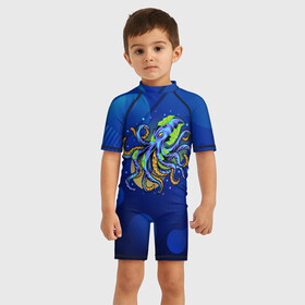 Детский купальный костюм 3D с принтом Красочный Осьминог в Тюмени, Полиэстер 85%, Спандекс 15% | застежка на молнии на спине | краски | море | океан | осьминог | подводный мир | щупальцы