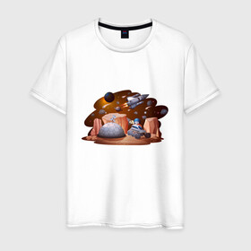 Мужская футболка хлопок с принтом Поселение в Тюмени, 100% хлопок | прямой крой, круглый вырез горловины, длина до линии бедер, слегка спущенное плечо. | moon | арт | день космонавтики | звезды | космонавт | космос | лого | луна | небо | планеты