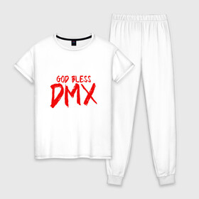 Женская пижама хлопок с принтом God Bless DMX в Тюмени, 100% хлопок | брюки и футболка прямого кроя, без карманов, на брюках мягкая резинка на поясе и по низу штанин | Тематика изображения на принте: dmx | dog | earl simmons | hip hop | music | new york | rap | rapper | rip | ruff ryders | диэмикс | музыка | нью йорк | пёс | рэп | рэпер | хипхоп | эрл симмонс