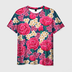 Мужская футболка 3D с принтом Поле роз в Тюмени, 100% полиэфир | прямой крой, круглый вырез горловины, длина до линии бедер | арт | белые цветы | белый цветок | красный цветок | поле | поле цветов | рисунок | роза | розы | цветок | цветы