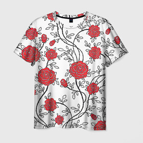 Мужская футболка 3D с принтом Куст роз в Тюмени, 100% полиэфир | прямой крой, круглый вырез горловины, длина до линии бедер | арт | красные цветы | красный цветок | куст | куст роз | кусты | листок | листья | поле | поле цветов | рисунок | роза | розы | цветок | цветы | шип | шипы