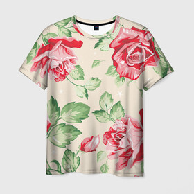 Мужская футболка 3D с принтом Розы в Тюмени, 100% полиэфир | прямой крой, круглый вырез горловины, длина до линии бедер | арт | красные цветы | красный цветок | лист | листья | поле | поле цветов | рисунок | роза | розовая роза | розовые розы | розовые цветы | розовый цветок | розы | цветок | цветы