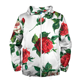 Мужская ветровка 3D с принтом Розы в Тюмени, 100% полиэстер | подол и капюшон оформлены резинкой с фиксаторами, два кармана без застежек по бокам, один потайной карман на груди | арт | белая роза | белые розы | белые цветы | белый цветок | большие цветы | большой цветок | красная роза | красные розы | красные цветы | красный цветок | поле | поле цветов | рисунок | роза | розы
