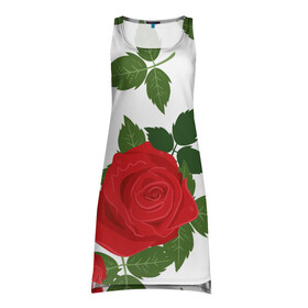 Платье-майка 3D с принтом Большие розы в Тюмени, 100% полиэстер | полуприлегающий силуэт, широкие бретели, круглый вырез горловины, удлиненный подол сзади. | арт | белый | большие бутоны | большие розы | большой бутон | зелёный | красная роза | красные розы | красные цветы | красный | красный цветок | листок | листья | поле | поле цветов | рисунок | роза