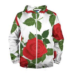 Мужская ветровка 3D с принтом Большие розы в Тюмени, 100% полиэстер | подол и капюшон оформлены резинкой с фиксаторами, два кармана без застежек по бокам, один потайной карман на груди | арт | белый | большие бутоны | большие розы | большой бутон | зелёный | красная роза | красные розы | красные цветы | красный | красный цветок | листок | листья | поле | поле цветов | рисунок | роза