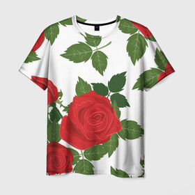Мужская футболка 3D с принтом Большие розы в Тюмени, 100% полиэфир | прямой крой, круглый вырез горловины, длина до линии бедер | арт | белый | большие бутоны | большие розы | большой бутон | зелёный | красная роза | красные розы | красные цветы | красный | красный цветок | листок | листья | поле | поле цветов | рисунок | роза