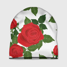 Шапка 3D с принтом Большие розы в Тюмени, 100% полиэстер | универсальный размер, печать по всей поверхности изделия | Тематика изображения на принте: арт | белый | большие бутоны | большие розы | большой бутон | зелёный | красная роза | красные розы | красные цветы | красный | красный цветок | листок | листья | поле | поле цветов | рисунок | роза