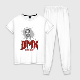 Женская пижама хлопок с принтом DMX - Rest In Peace в Тюмени, 100% хлопок | брюки и футболка прямого кроя, без карманов, на брюках мягкая резинка на поясе и по низу штанин | Тематика изображения на принте: dmx | dog | earl simmons | hip hop | music | new york | rap | rapper | rip | ruff ryders | диэмикс | музыка | нью йорк | пёс | рэп | рэпер | хипхоп | эрл симмонс